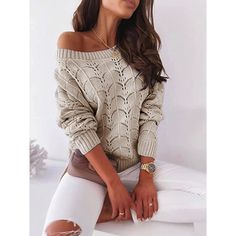 Khaki Hollow Out Bat Sleeve Off Shoulder Sweater Khaki Long Sleeve Sweater For Spring, Casual Khaki Fall Sweater, Long Sleeve Pullover Sweater, Casual Stylish, Women Wholesale, Daily Dress, Sweater Sleeves, Shoulder Sweater, Moda Casual