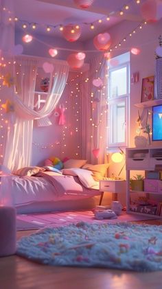 a bedroom decorated in pink and white with lots of lights on the ceiling, bedding and rugs