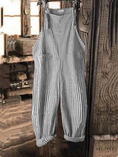 Vintage Black Gray Linen Stripes Pants Romper Jumpsuits | zolucky Stripes Pants, Linen Stripes, Vintage Jumpsuit, Pants Linen, Linen Romper, Jumpsuits And Romper, Cotton Romper, Blue Khakis, Striped Rompers