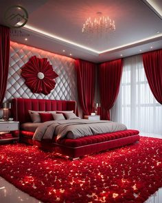 a bedroom decorated in red and white with flowers on the floor, chandelier