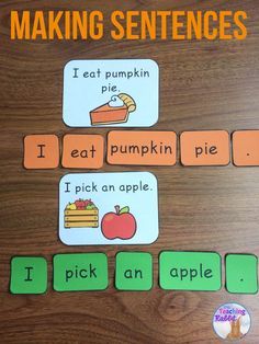 an apple themed sentence game for kids to practice their spelling and writing skills with the words i eat pumpkin pie, i pick an apple