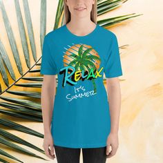 This Relax It's Summer T-Shirt is everything you've dreamed of and more. It feels soft and lightweight, with the right amount of stretch. It's comfortable and flattering for all.  🌞 Details: * 100% combed and ring-spun cotton (Heather colors contain polyester) * Fabric weight: 4.2 oz/yd² (142 g/m²) * Pre-shrunk fabric * Side-seamed construction * Shoulder-to-shoulder taping 🌞 Care Instructions: Printed apparel can be machine-washed cold, inside-out on a gentle cycle with a mild detergent and l Comfortable Summer T-shirt, Summer Relaxed Fit T-shirt For Leisure, Comfortable Text Print Tops For Summer, Comfortable Summer T-shirt With Letter Print, Comfortable Letter Print T-shirt For Summer, Comfortable Summer Vacation T-shirt, Comfortable Summer T-shirt For Leisure, Comfortable Summer Tops With Screen Print, Summer Leisure T-shirt With Short Sleeves