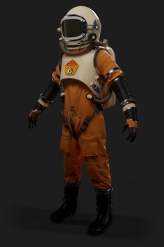 an orange and white space suit with black boots