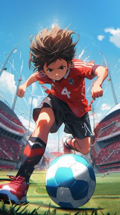 a young boy kicking a soccer ball in front of a stadium full of people watching