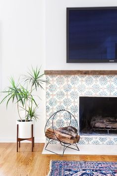 a living room with a fire place, rug and potted plant on the floor