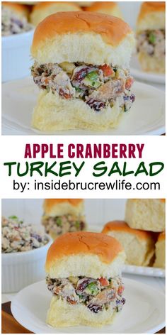 an apple cranberry turkey salad sandwich on a white plate with the title above it