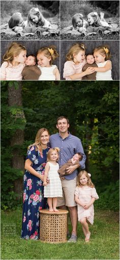 the family is posing for pictures in their backyard