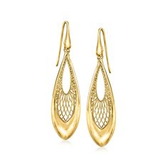 Ross-Simons - Italian 18kt Gold Over Sterling Elongated Openwork Teardrop Earrings. Graced with a bright glow, these 18kt yellow gold over sterling silver earrings from Italy take the shape of elegant, elongated teardrops with captivating openwork inside. Hanging length is 2". Earwire, 18kt gold over sterling silver elongated openwork teardrop earrings. Jewelry Presentation, Fine Jewelery, Natural Gold, Cz Stud Earrings, Fine Jewellery Earrings, Earring Backs, Teardrop Earrings, Designer Earrings, Post Earrings