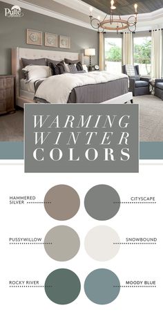 the color scheme for this bedroom is warm and inviting