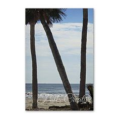 two palm trees on the beach in front of an ocean and blue sky with white clouds