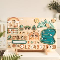 a wooden toy with many different things on it