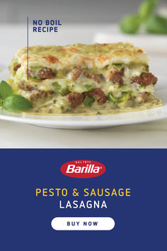 the menu for pasta and sausage lasagna is displayed on a white plate with green leaves