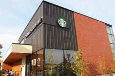 a starbucks coffee shop with people sitting outside