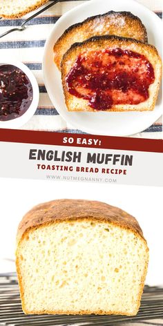 two slices of english muffin bread with jam on top and the words, so easy