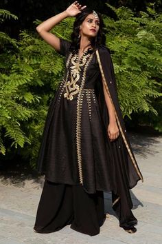 Shop for Rashika Sharma Black Dupion Silk Kalidar Kurta Set for Women Online at Aza Fashions Black Anarkali Salwar Kameez In Art Silk, Embroidered Black Art Silk Anarkali Set, Black Raw Silk Anarkali Set For Festivals, Festive Black Raw Silk Anarkali Set, Black Palazzo Set With Gota Work For Eid, Black Palazzo Set With Gota Work For Festive Season, Black Palazzo Set With Gota Work For Festive Occasions, Black Raw Silk Anarkali Set For Diwali, Black Raw Silk Anarkali Set With Dupatta