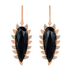 These modern, edgy and fiercely gorgeous drop earrings are handcrafted in 18K gold, sterling silver, 24.84 carat black onyx and .68 carat of sparkling diamonds. Exquisitely framed in signature "Meghna Jewels" pave diamond arches in rose gold finish. A fabulous way to add some subtle glamour and edge to your everyday or evening look. FOLLOW MEGHNA JEWELS storefront to view the latest collection & exclusive pieces. Meghna Jewels is proudly rated as a Top Seller on 1stDibs with 5 star customer revi Claw Earrings, Black Onyx Earrings, 18k Gold Earrings, Sparkly Earrings, Onyx Earrings, Rose Gold Jewelry, Handcrafted Earrings, Fashion Jewelry Earrings, Rose Gold Earrings