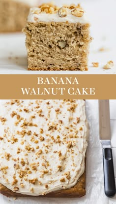 banana walnut cake with cream cheese frosting and walnuts on top is cut into slices