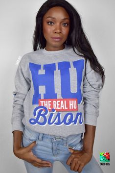 The HU The Real HU Bison Sweatshirt by Carib Ibis -Unisex sweatshirt -Available in heather gray, white, and red #HowardUniversity #HowardUniversityapparel #HowardUniversitysweatshirts #HBCUapparel Howard University, 90s Looks, University Sweatshirts, White And Red, Heather Gray, Gray White, Unisex Sweatshirt