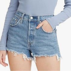 High Rise; Slim Through Hip; Button Fly Size Up Non-Stretch Levi's Casual Jean Shorts With Button Closure, Levis 501 Original, Levi’s 501, Levi Shorts, Jean Shorts, Levi's, Denim Shorts, High Rise, Color Blue