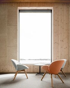 two chairs sitting in front of a large window