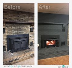 before and after pictures of a fireplace being cleaned