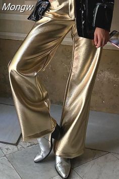 Gold Pants Outfit, Metallic Trousers, Silver Outfits, Gold Jeans, Silver Pants, Full Length Pants, Gold Pants, Metallic Jeans, Gold Outfit