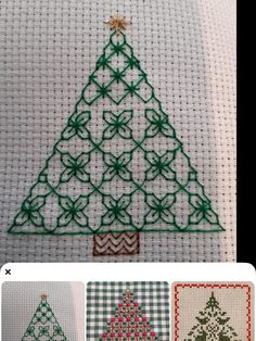 three cross - stitch christmas trees are shown in different colors