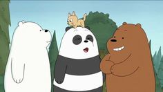 three cartoon bears standing next to each other in front of some trees and one cat on top of the bear