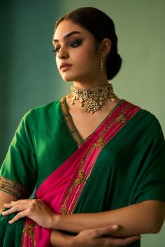 Green and pink habutai silk saree with dori, marori and zardosi hand embroidery. - Aza Fashions Festive Ceremonial Pre-draped Saree With Cutdana, Ceremonial Pre-draped Saree With Cutdana, Pink Raw Silk Saree With Gota Work, Pink Dori Work Chandbali Saree, Wedding Saree In Katan Silk With Gota Work, Traditional Silk Saree With Gota Work, Traditional Silk Pre-draped Saree With Gota Work, Traditional Banarasi Silk Pre-draped Saree With Gota Work, Ceremonial Silk Traditional Wear With Gota Work