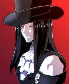 a woman with long black hair wearing a top hat