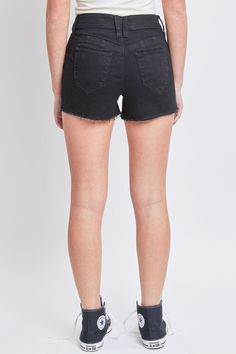 There's a lot to love about our easy, breezy, booty-full Women's WannaBettaButt High-Rise Frayed Hem Shorts. One of our most popular WBB styles, this high-waisted denim short features our signature heart-shaped stitching and perfectly placed pockets for a natural butt-lift that highlights you curves. Detailed with a classic five-pocket construction, front zip with single button closure, and a frayed hem for that added edge. Pair with a fitted tank top and heels for a warm-weather look, or with a leather jacket and booties to channel your inner baddie! Measurement (Based on size 5)- Inseam: 2.5” - Rise (To top edge of band): 10” - Leg Opening: 22” - Model is wearing size 3 Machine wash cold. 75% Cotton/ 23% Polyester/ 1% Rayon/ 1% Spandex (Color: 1430M) Trendy Stretch Mid-rise Shorts, Trendy Stretch Jean Shorts, Trendy Stretch Jean Shorts With Short Legs, Casual Shorts With Frayed Hem, Casual Frayed Hem Shorts, Trendy Stretch Bottoms With Frayed Hem, High-rise Stretch Bottoms With Frayed Hem, Summer Mid-rise Stretch Jean Shorts, High Rise Stretch Bottoms With Frayed Hem