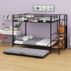 a bunk bed with a futon mattress underneath it in a purple room next to a desk and chair