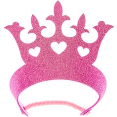 a pink glitter crown with hearts on the front and sides, sitting on top of a white background