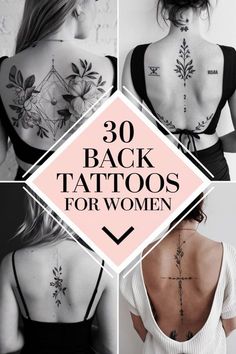 back tattoos for women with flowers on the upper and lower back are shown in black and white