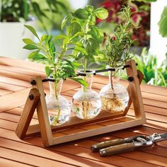 three planters with plants in them are on a wooden table next to a wrench