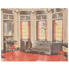 an old drawing of a bathroom with red carpet