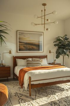 a bedroom with a bed, plant and pictures on the wall