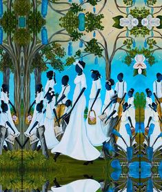 this painting depicts black women carrying baskets and walking in the woods with blue sky behind them