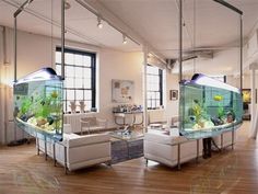 a living room filled with furniture and a fish tank in the middle of the room