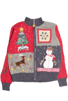 a woman wearing a christmas sweater with a snowman and reindeer on it's back