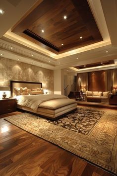 a large bed sitting on top of a wooden floor next to a living room filled with furniture