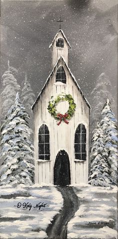 a painting of a church in the snow with wreaths on it's door