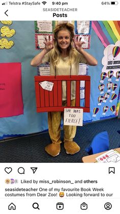 a woman standing in front of a bulletin board holding a red crate with the word shraps written on it