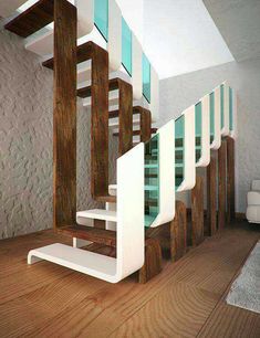 a staircase made out of wood and glass in a room with white furniture on the floor