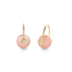 Gold & Diamond Starburst Pink Opal Earrings – Sydney Evan Luxury Pink Round Earrings, Luxury Pink Jewelry With Matching Earrings, Elegant Round Earrings With Star Charm, Luxury Yellow Gold Star Earrings, Elegant Pink Star-shaped Jewelry, Pink Star Charm Jewelry, Pink Star Charm Pendant Jewelry, Pink Opal Earrings, Gold Starburst