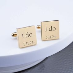 One of the best wedding day gifts a bride can give a groom is cufflinks. Make the gift amazing with a little personalization! These stainless steel I Do cufflinks have ‘I Do’ and the wedding date engraved on them. Available in stainless steel, gold plated steel, rose gold plated steel, and gunmetal plated steel. Choose from round or square cufflinks measuring 5/8-inch each. We know he's going to love these! Come see all of the personalized accessories we make for the wedding party here at Love, Wedding Day Gifts, Engraved Wedding, Gold Cufflinks, The Wedding Date, Engraved Gifts, Groom Gift, Personalized Accessories, Gifts For Men, Custom Engraving