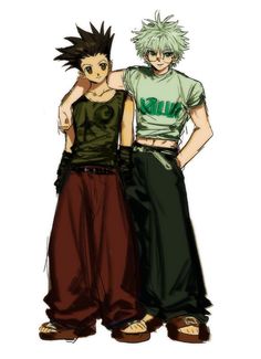 two anime characters standing next to each other