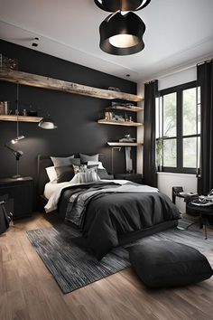 a bedroom with black walls and wooden flooring is pictured in this image, there are shelves on the wall above the bed