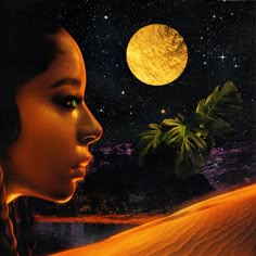 a painting of a woman's face in front of a full moon and palm tree