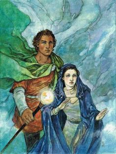 an image of a man and woman holding wands